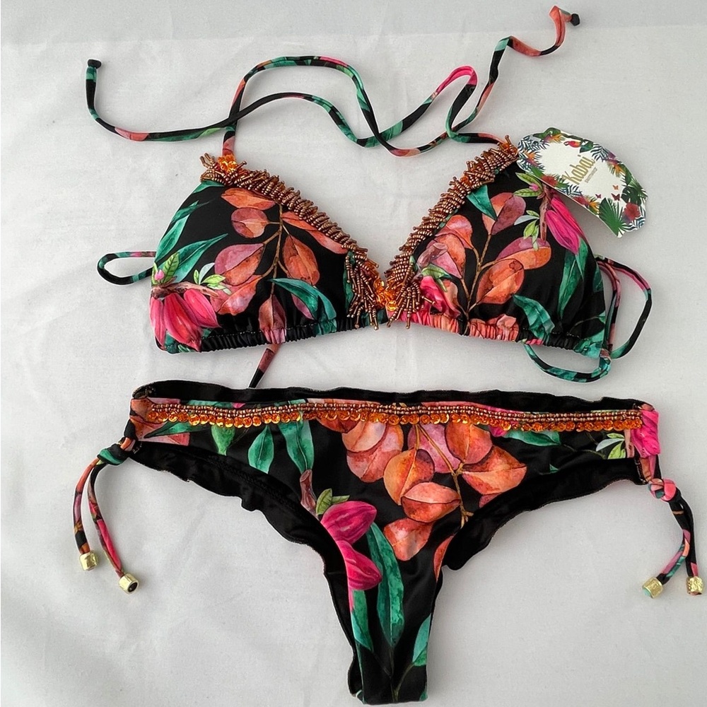 Brazilian bikini, color floral pink black